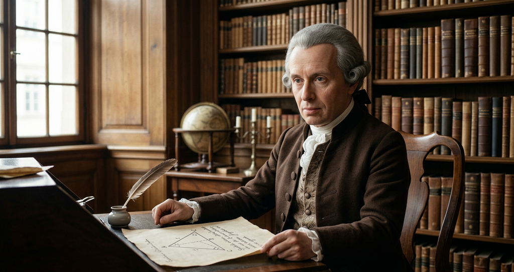 Immanuel Kant inspects a geometric diagram drawn on parchment with a quill pen beside it.