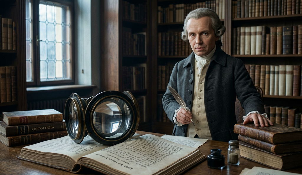 Immanuel Kant stands beside an optical lens resting atop a dense handwritten manuscript.