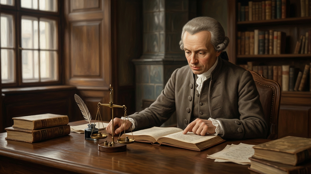 Immanuel Kant sits at a polished oak desk near a pair of brass scales and an inkwell.