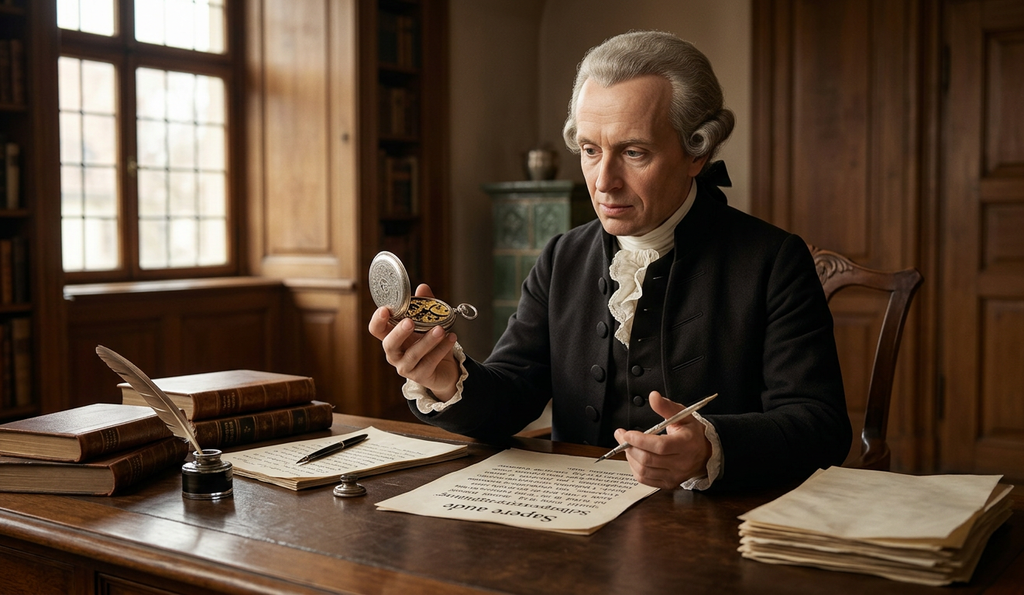 Immanuel Kant examines an open pocket watch revealing its internal clockwork gears.