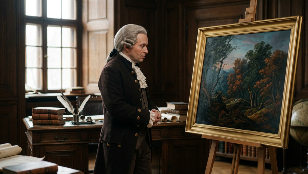 Immanuel Kant observes a framed landscape painting of a rugged forest at twilight.