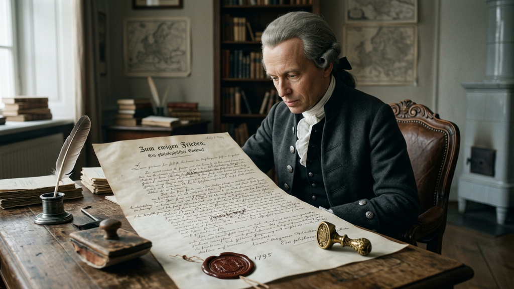 Immanuel Kant stands beside an 18th-century diplomatic treaty marked with a red wax seal.