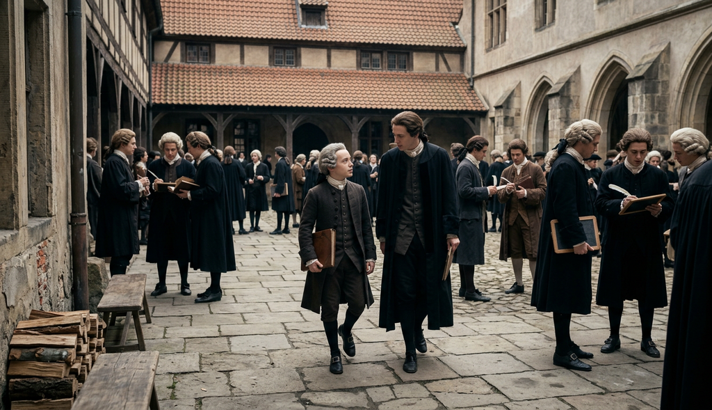 Immanuel Kant walks through a busy university courtyard alongside students dressed in traditional academic robes.
