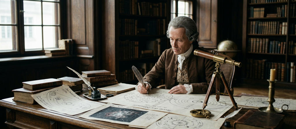 Immanuel Kant stands near a wooden desk displaying a brass telescope and astronomical charts.