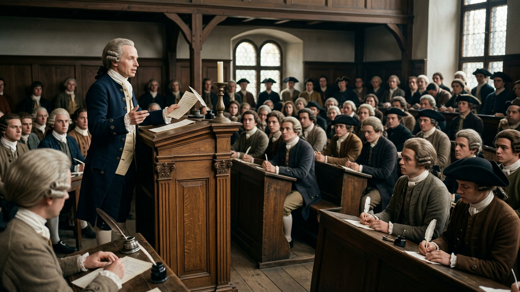 Immanuel Kant stands before a tall podium and wooden benches in an 18th-century university lecture hall.