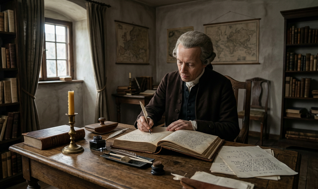 Immanuel Kant sits at a writing desk beside a burning candle and an open leather-bound manuscript.