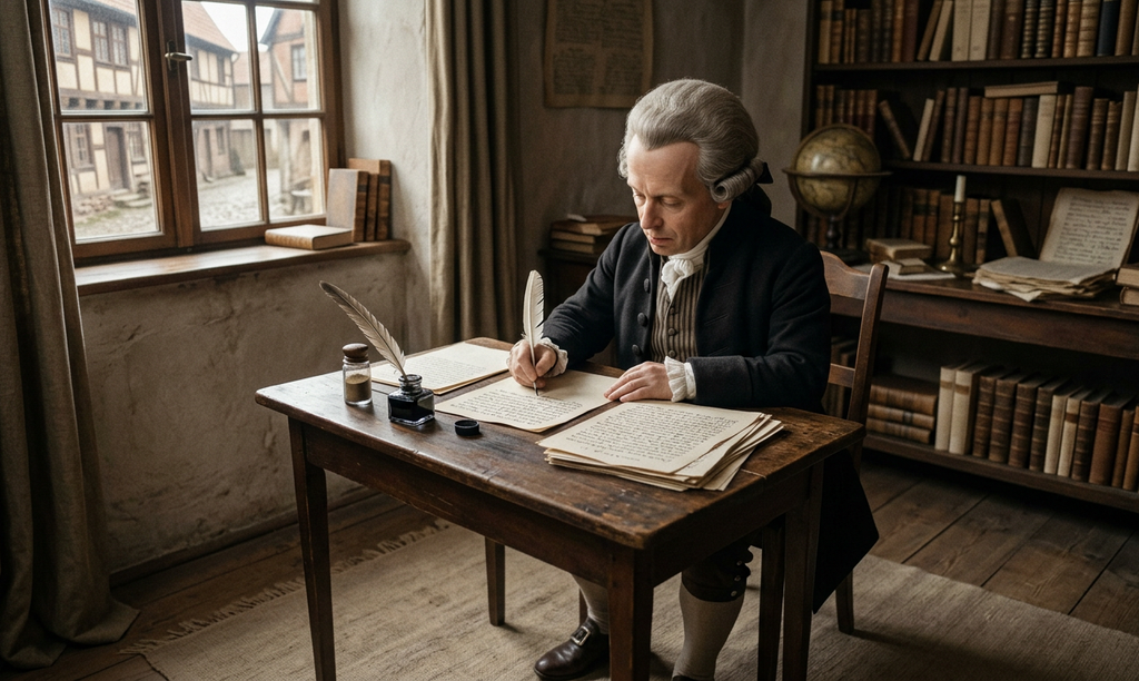 Immanuel Kant works at a desk filled with handwritten notes, an inkwell, and a quill pen.