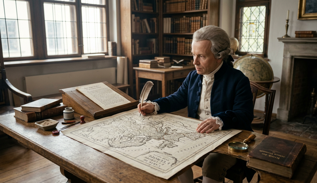Immanuel Kant inspects a large map of 18th-century Europe unrolled across an oak table.