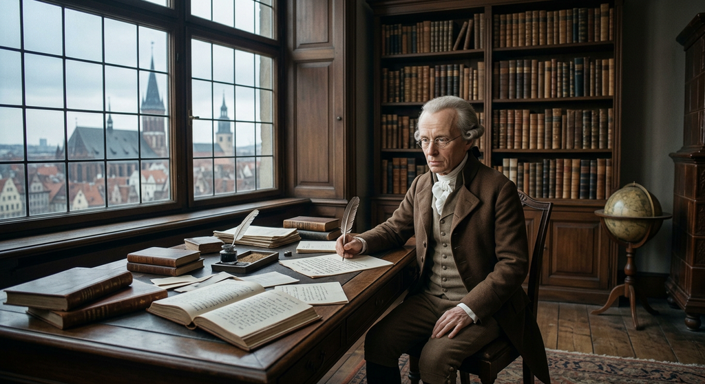 Immanuel Kant sits quietly in his study beside a large window overlooking church spires in the distance.