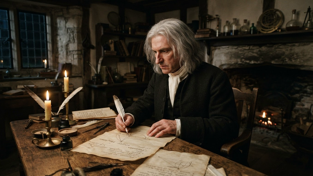 Isaac Newton sits at a desk in a dimly lit room, studying geometric diagrams on parchment by candlelight.