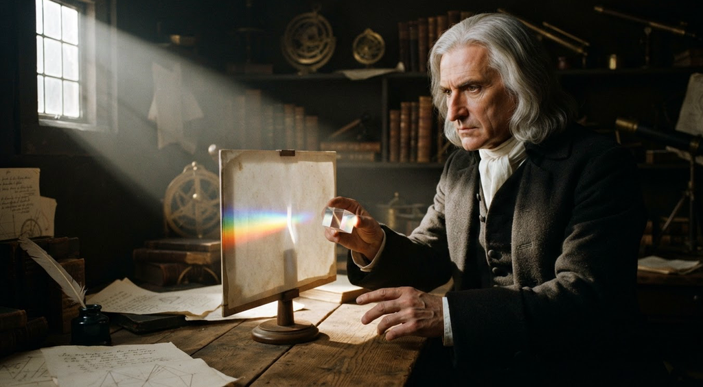 A beam of sunlight refracts through a glass prism, casting a vibrant rainbow spectrum onto a white panel.