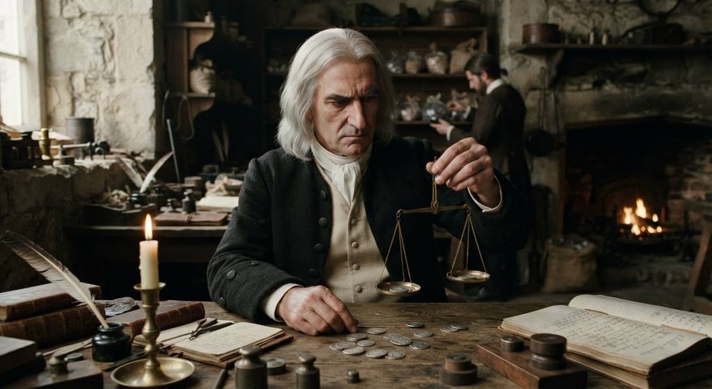 Isaac Newton uses precision balance scales to inspect silver coins within the Tower of London.