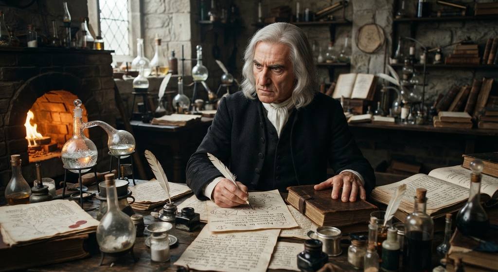 Glass retorts and handwritten theological notes are piled on a dark desk beside a glowing furnace.