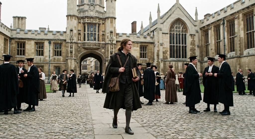 Scholars in traditional robes walk through the ornate stone quadrangle of Trinity College, Cambridge.