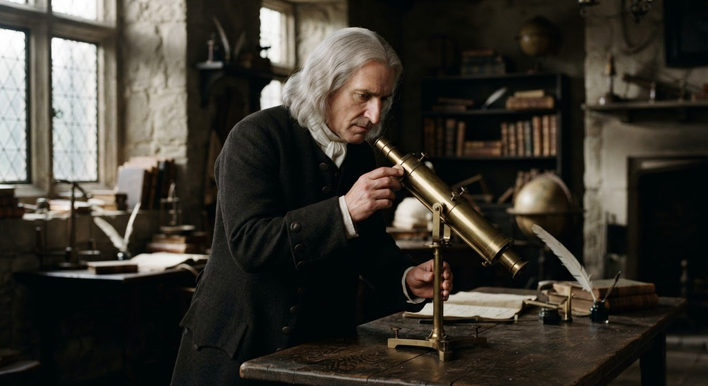 A small polished brass reflecting telescope rests on a dark wooden table.