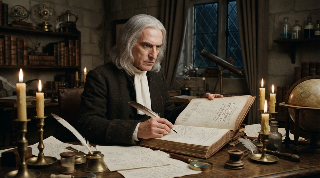 A leather-bound copy of Principia lies open to mathematical diagrams under the warm glow of a candle.