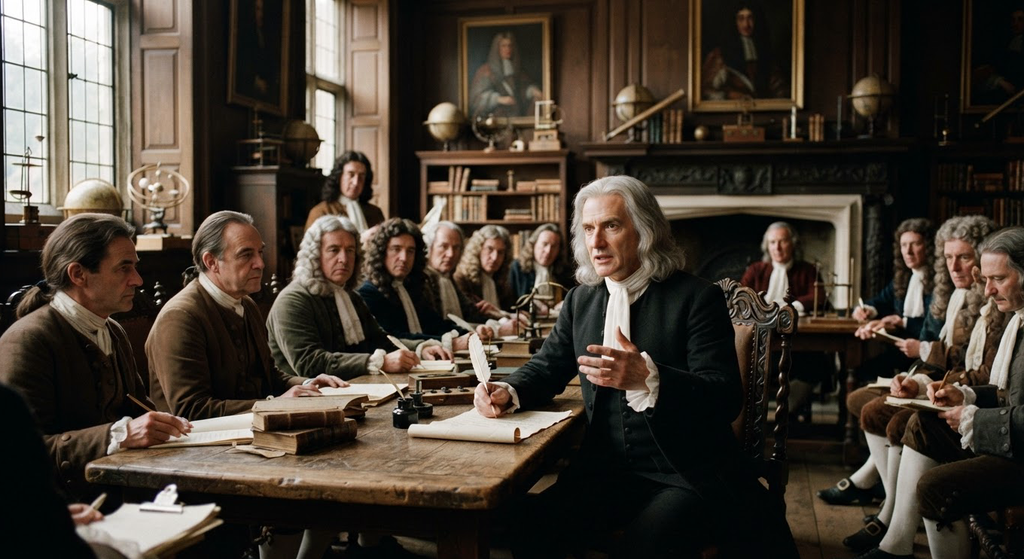 A formal wooden council room is lined with historical portraits and scientific instruments.