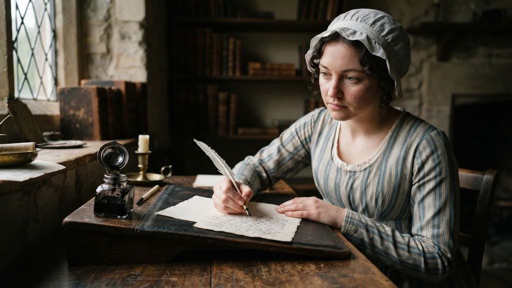 Handwritten ink script on cream paper lies beside an open inkwell on a wooden desk.