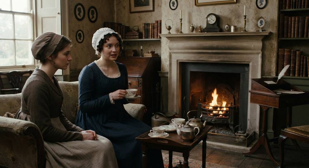 Two women in Regency dresses converse while sitting near a fireplace with tea.