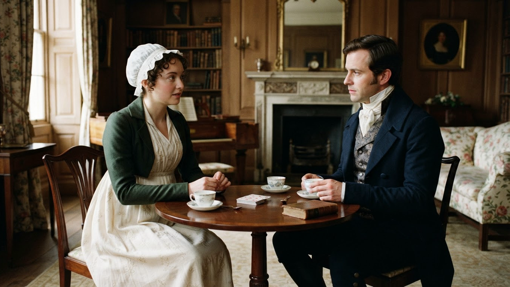 A gentleman and lady in period clothing talk across a mahogany card table.