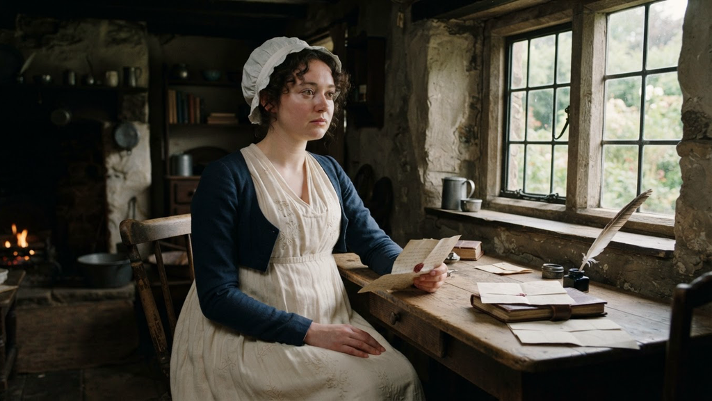 A woman in a white cap sits by a window holding a folded letter with a thoughtful look.