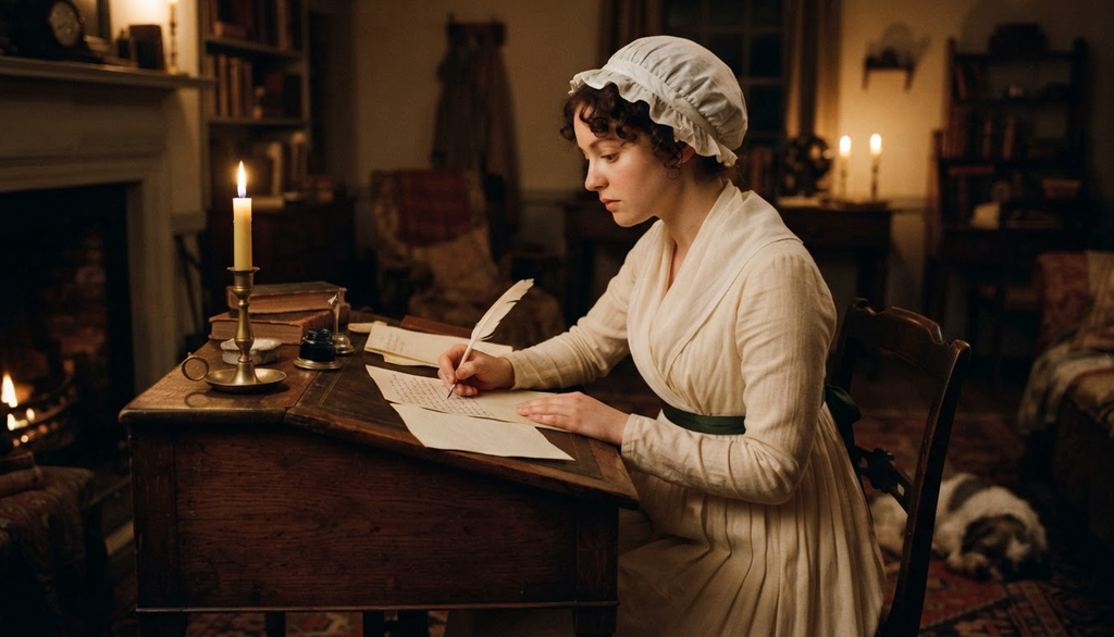A woman in a white cap writes by the warm glow of a candle in a wood-paneled parlor.