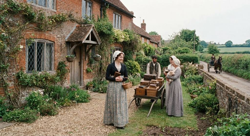 A simple red-brick cottage with a tidy garden sits beside a quiet country lane.