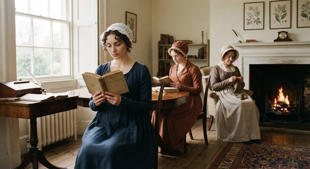 People in Regency attire sit in a bright room reading new bound volumes.