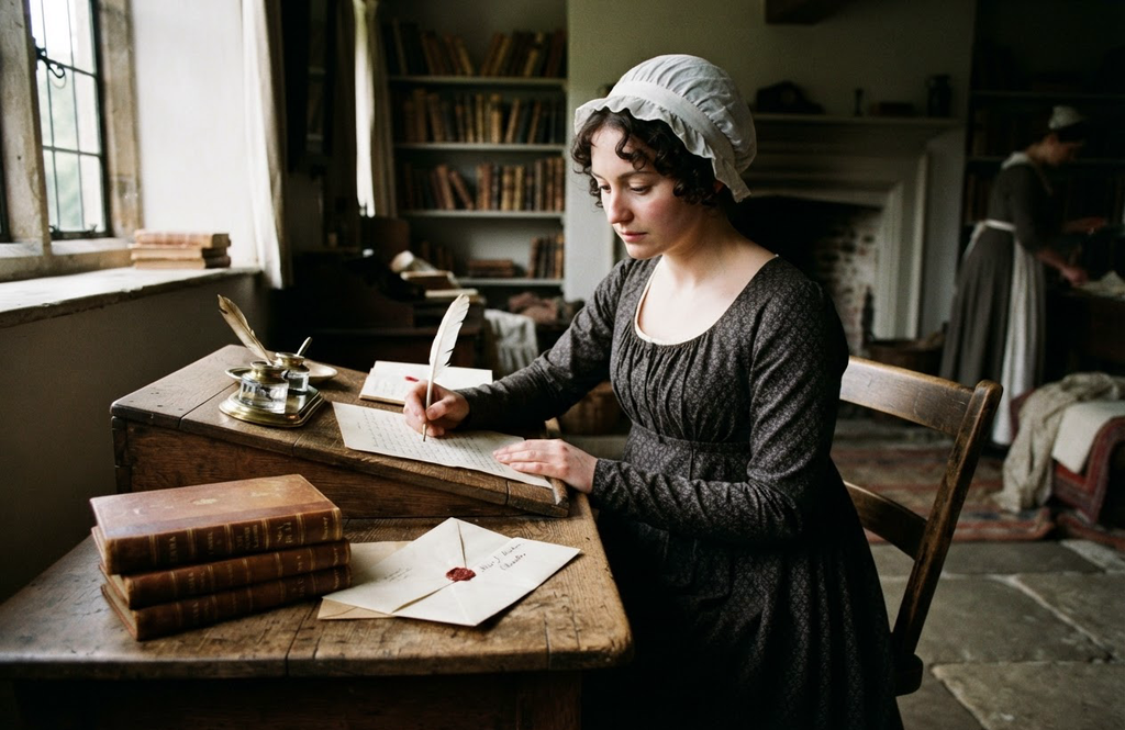A formal letter and several printed books sit on a desk beside a brass inkwell.