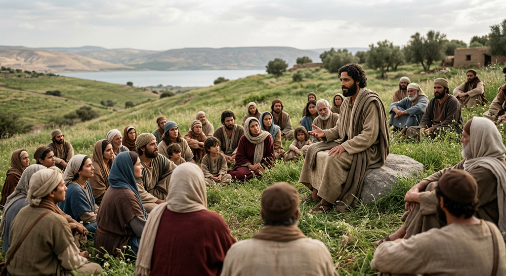 A crowd listens intently to a teacher seated on a grassy hillside.