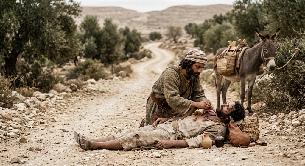A traveler kneels on a dusty road to care for a wounded man.