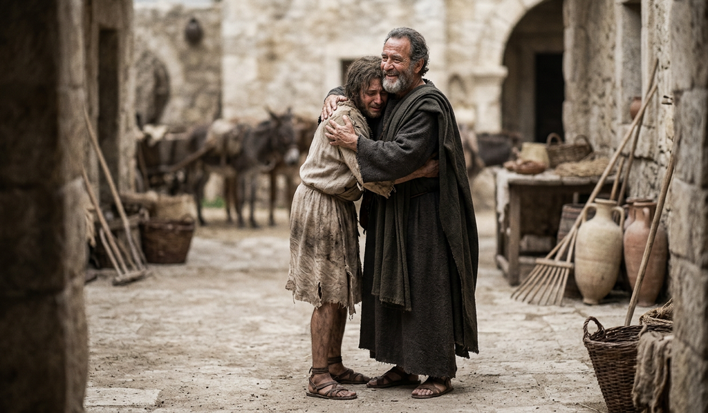 An older man embraces a young man in ragged clothes outside an estate.