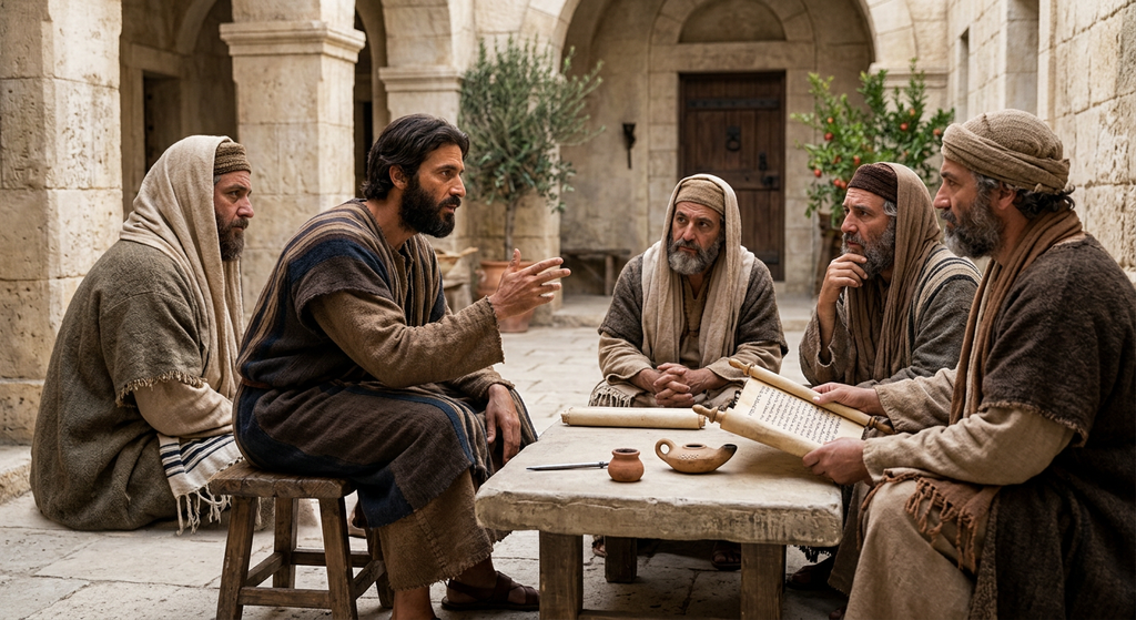 A teacher speaks with a group of scholars in a stone courtyard.