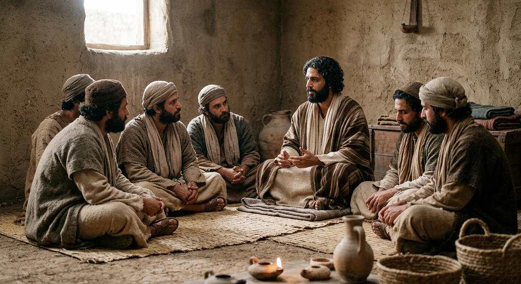A teacher and a small group sit together quietly inside a simple home.