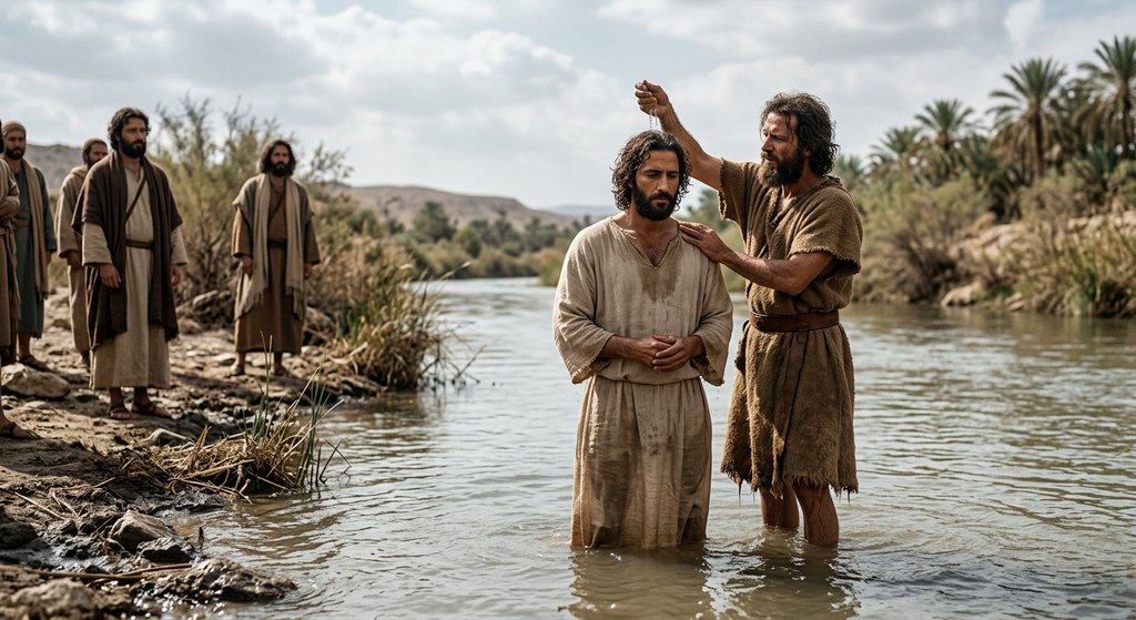 A man in a river baptizes a dark-haired man wearing a simple tunic.