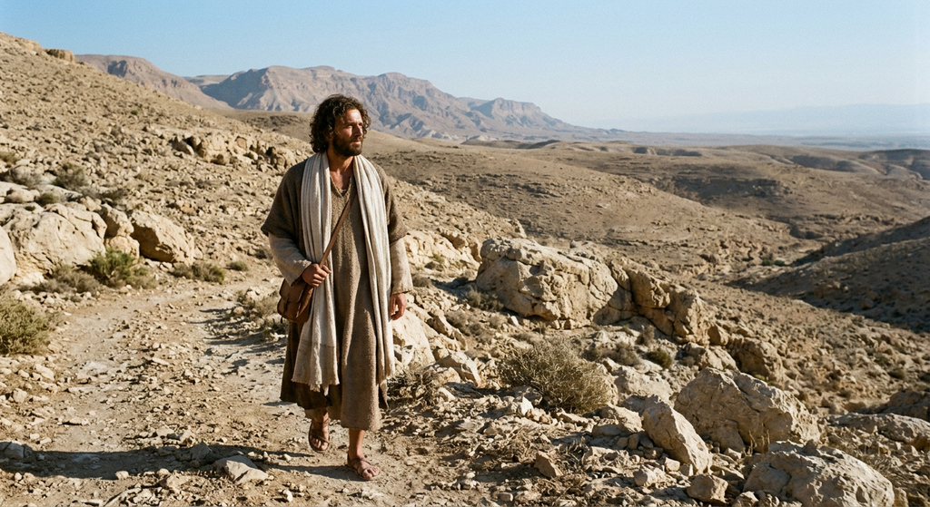 A man in a simple tunic stands alone in a barren, sunlit, rocky desert landscape.