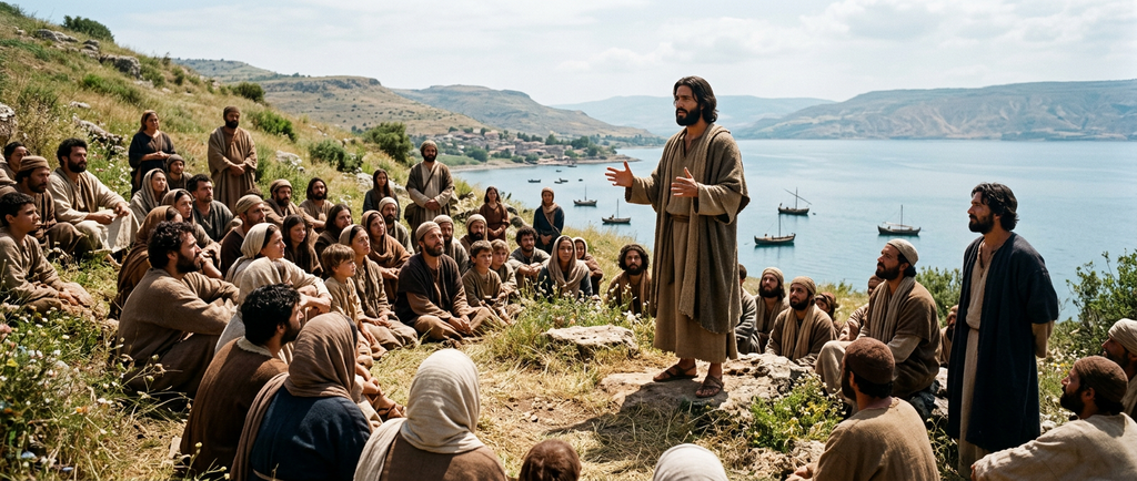 A man in a tunic speaks to a large crowd gathered on a grassy hillside.