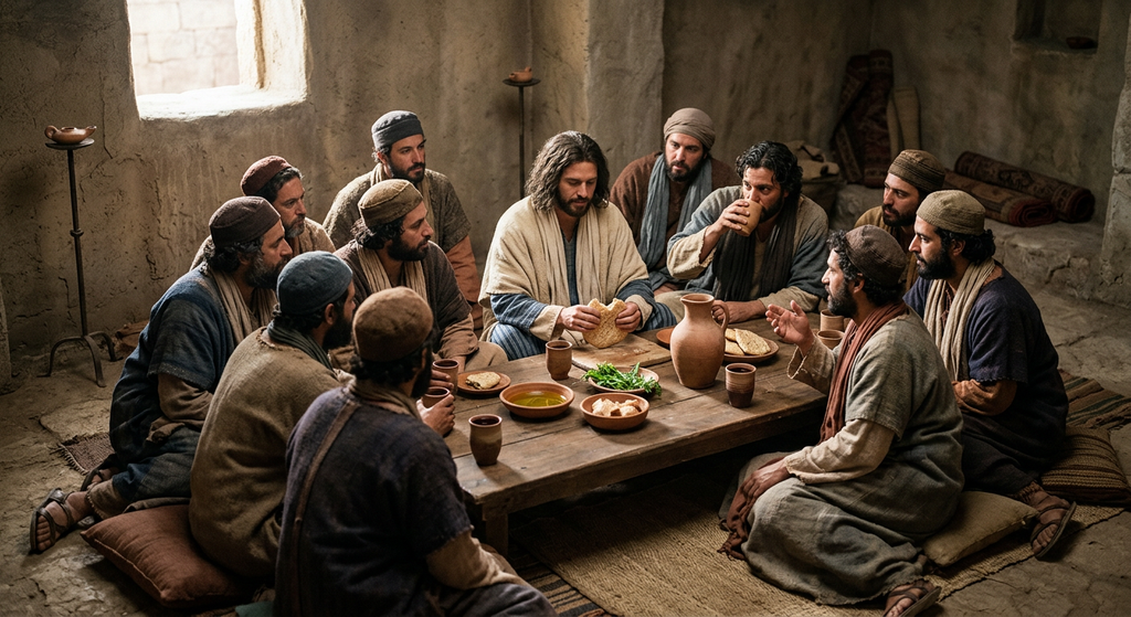 A group of men sit around a low wooden table sharing bread and wine.