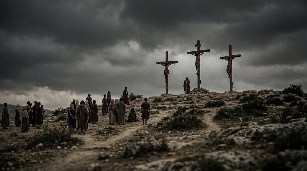 Three wooden crosses stand silhouetted on a rocky hill under a dark sky.