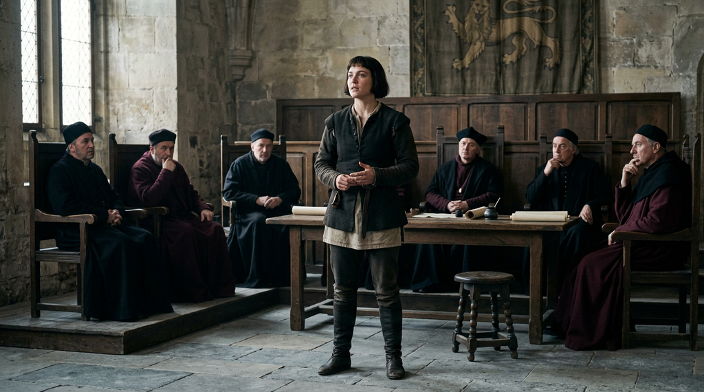 A young woman in men's attire stands alone in a stone hall facing a panel of seated clerics.