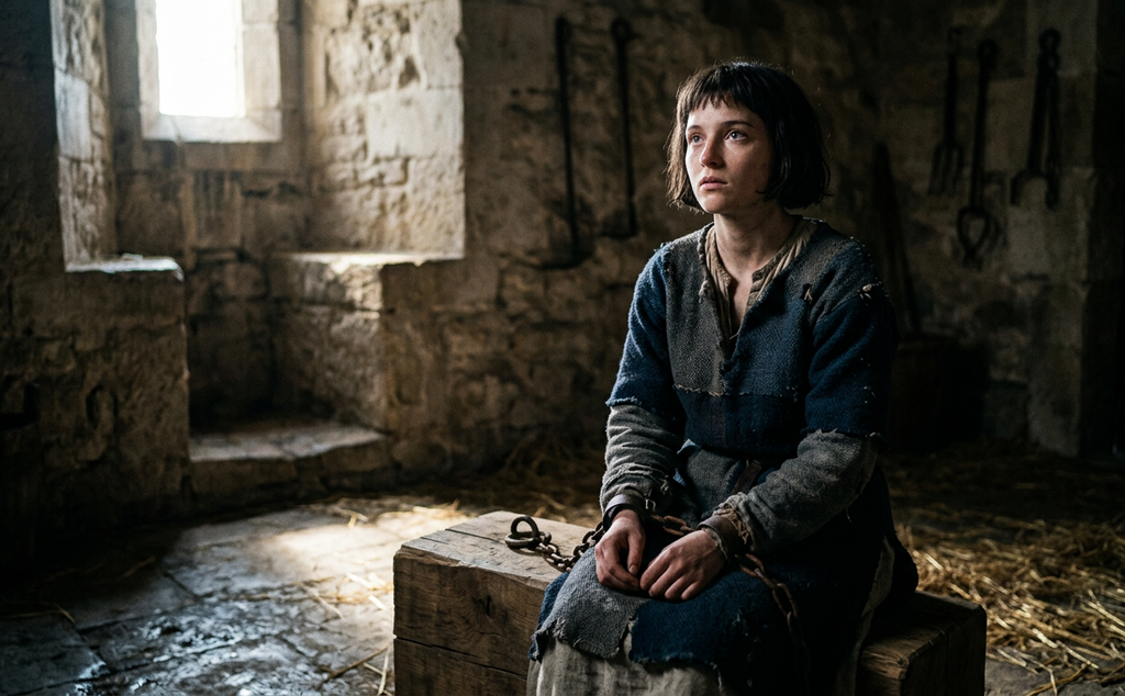 Sunlight streams through a narrow window onto a chained young woman in a stone cell.
