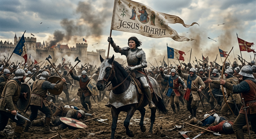 A painted white banner bearing lettering rises above a chaotic medieval battle scene.