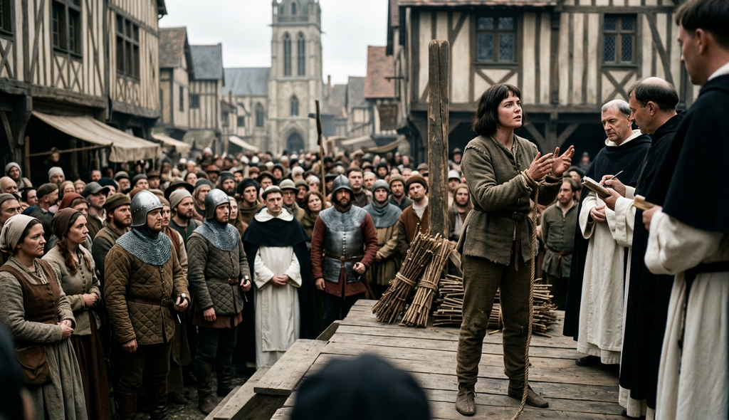 A tall wooden stake stands surrounded by wood bundles in a crowded market square.