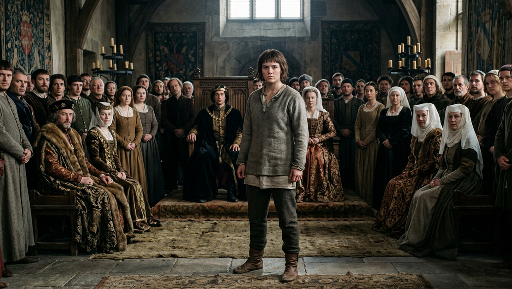 A young woman with short hair stands before a crowded royal court inside a medieval stone hall.
