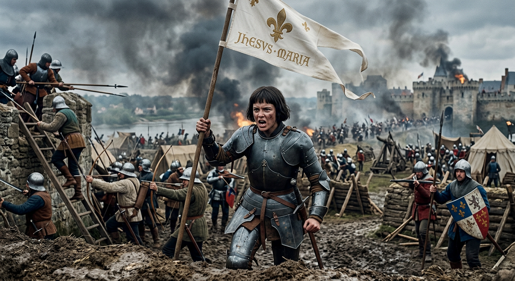A woman in full armor holds a white banner aloft amid a chaotic medieval battle.