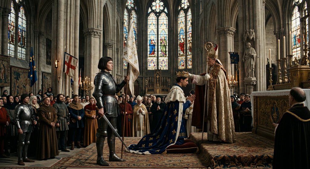 A king is crowned inside a grand cathedral while a woman holding a banner stands nearby.
