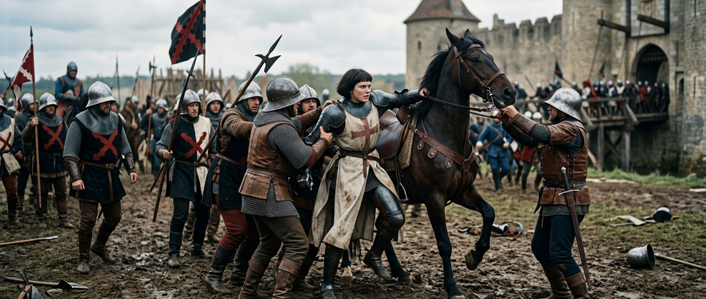 Soldiers pull an armored young woman from her horse outside fortified city walls during combat.