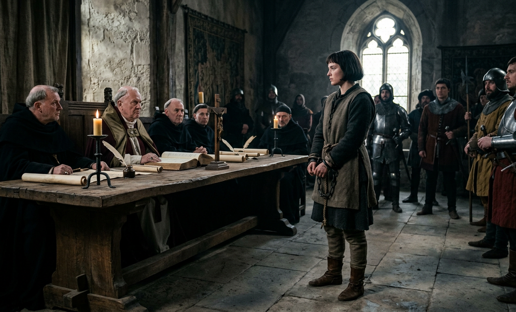 A young woman stands inside a stone hall before a tribunal of seated church officials.