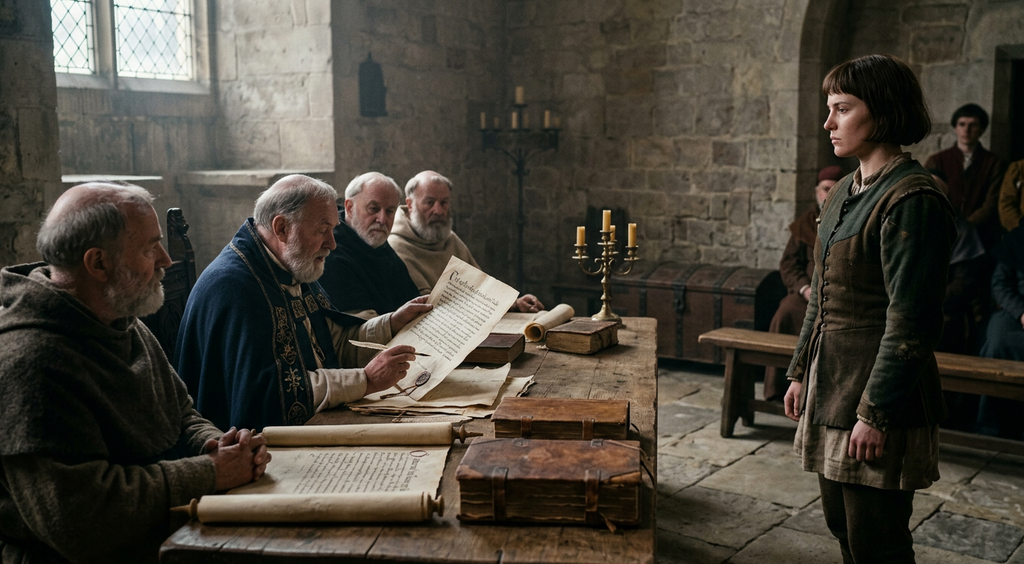 Medieval clerics examine and read a large parchment document inside a stone room.