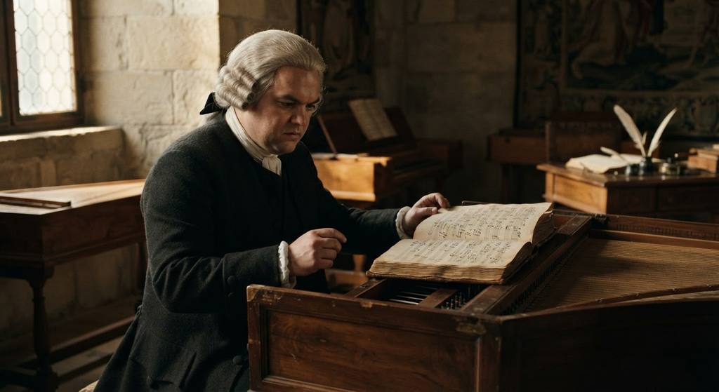 A leather-bound manuscript open to a complex four-voice fugue rests on the wooden desk of a harpsichord.